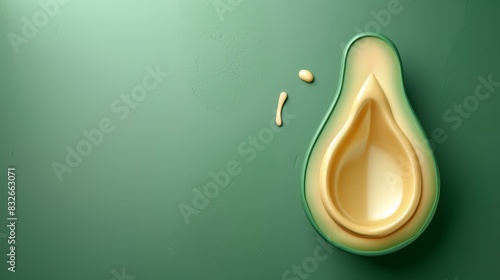  An avocado split in two against a green backdrop, with one droplet of oil atop each half