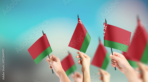 A group of people are holding small flags of Belarus in their hands.