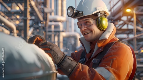 a thermoelectric plant worker has a white helmet with safety earmuffs, safety glasses and a construction vest was working, Generative AI illustrations. 