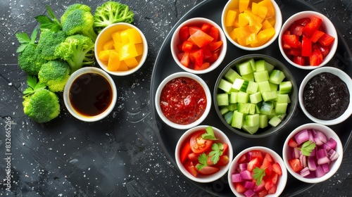  A black countertop hosts a plate topped with varied veggies Nearby, a bowl of dipping sauce waits Broccoli crowns the arrangement