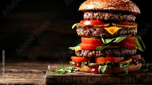  A hamburger arranged vertically on a wooden board, layered with lettuce, tomato, cheese, and additional toppings atop a wooden surface
