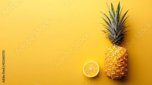 A pineapple and a half orange on a yellow background Pineapple casts a shadow to the left, orange halfway visible on the right