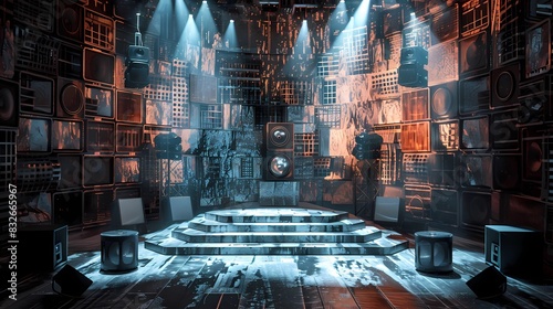 A stage in hall with many speacker boxes background, Generative AI illustrations.