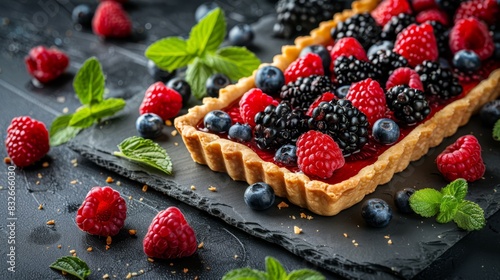  A tart topped with berries, featuring raspberries, and adorned with mint leaves, rested atop a slate platter Mint leaves accentuated the sides of the