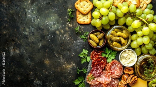  A platter holds grapes, crackers, nuts, cheese, and more crackers, artfully arranged on a black surface against a dark backdrop, ideal for advertising