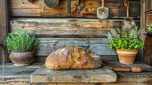  Two loaves of bread on a wooden table, each adjacent to a potted plant
