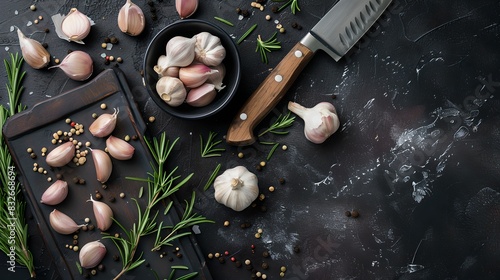 Fresh garlic and shallots on a dark kitchen table. Rustic cooking style. Ideal for recipe blogs, culinary articles, and kitchen decor. AI.