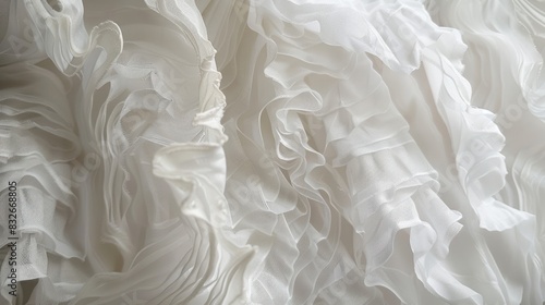 White fabric decorations with delicate curtain flounces and ruffles