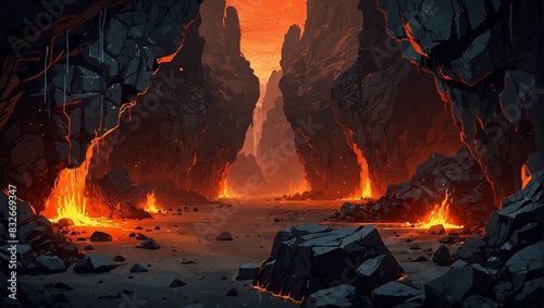 Cave with lava, underground nature landscape with glowing magma in cracked land and sparks Hell infernal scene with stones, rocks, panoramic game background, wallpaper,. 2d style