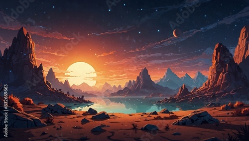 Cartoon space island with rocky terrain and glowing sky for sci-fi and fantasy games. 2d style