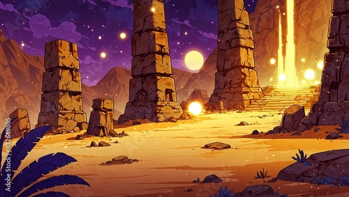 Cartoon mystic desert with ancient ruins and glowing orbs for fantasy games. 2d style