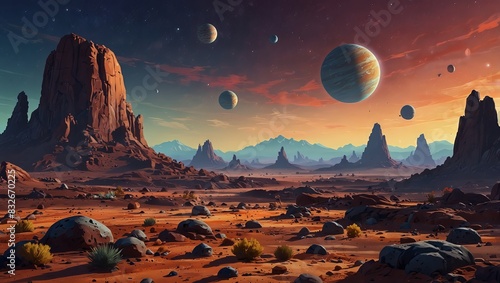 Cartoon alien landscape with rocky ground and colorful sky filled with planets. 2d style
