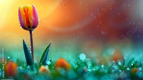 Vibrant tulip standing alone in a dewy meadow with colorful bokeh background, captured during a light rain shower at sunset.