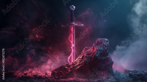 Hero's sword in the stone excalibur, with light and electrical effect, concept of adventure, secret weapon, saint weapon, precious.