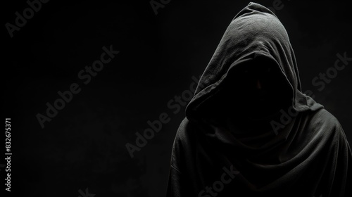 Death demon in the hood in dark, concept of mysterious demon, for Halloween, hacker, danger poster use. 
