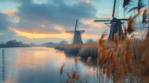 Two windmills on the river bank at sunset in Dutch landscape with meadows and fields. Traditional Dutch mill. Historic wooden windmills on the banks of a river. Dutch scenery on a sunny day.