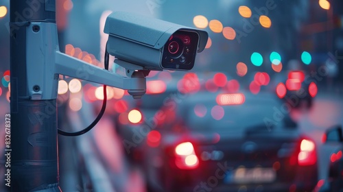 Speed camera on the street with cars and traffic lights in a blurred background. Concept of security cameras for road safety. Fixed radar checking speed limit about car on the road.