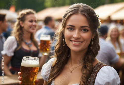 A smiling woman holding a beer stein at a traditional beer festival. Joy and celebration in the moment.