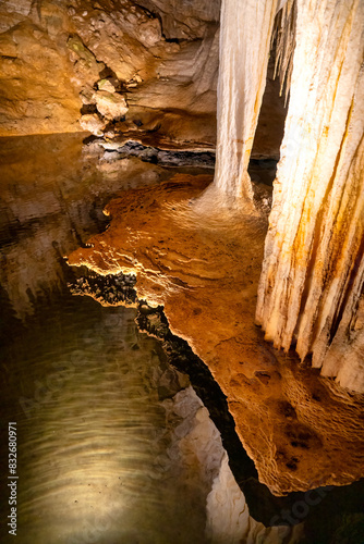 The beautiful colors of stalagtites and stalagmites in Lake Cave, Western Australia