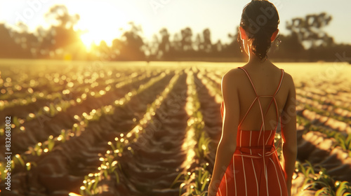 A woman in sun-drenched field with a researcher studying 'VitaminD' absorption in plants