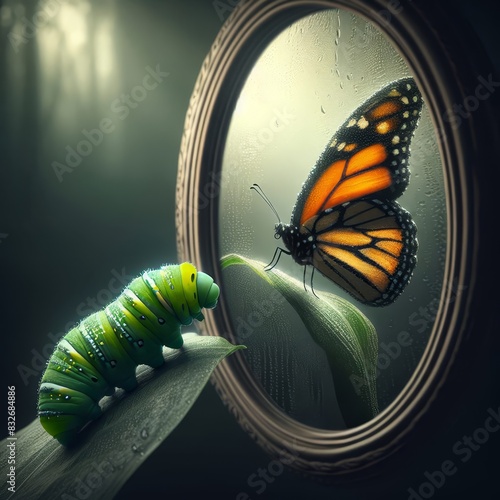 A green caterpillar and a colorful monarch butterfly are positioned on opposite sides of an oval mirror with droplets of water on its surface