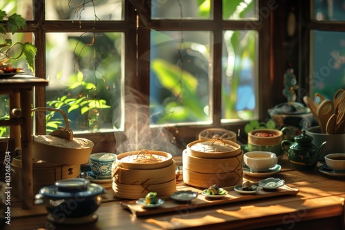 Cozy Miniature Kitchen with Small Bamboo Steamers and Authentic Thai Dishes in Soft Natural Lighting