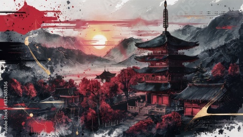 Japanese-style architecture, amidst a mountainous landscape during a breathtaking sunset.