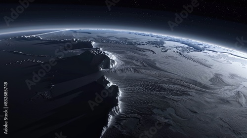 Antarctica tectonic plate demarcated with a dashed line on a darkened satellite map in Eckert III projection