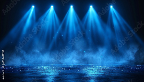 Colorful blue stage lights. Blue neon spotlights and white laser holograms spins, turns and emits light bright beams. Lighting equipment and light effects for design, concert hall and stage lighting