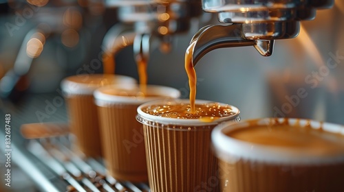 A close up photograph of coffee flowing from a stainless steal cup to a disposable brown coffee cup