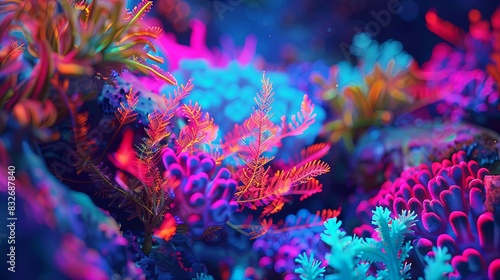 A colorful underwater scene with a variety of plants and coral