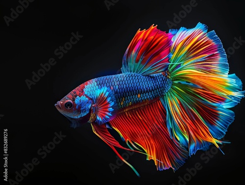 A vibrant, multi-colored Siamese fighting fish, known as a Betta splendens, displays its intricate and flowing fins in a captivating underwater portrait.