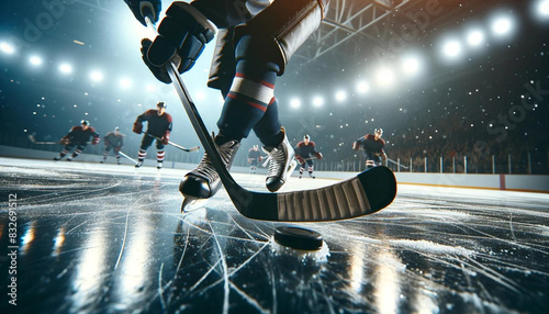 A close-up view of an ice hockey player on the rink, focusing on the hockey stick and skates. The player is in action, with other players visible in the background.