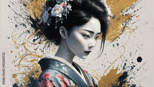 A poster with an abstract portrait of a shy geisha girl made in watercolor and ink.