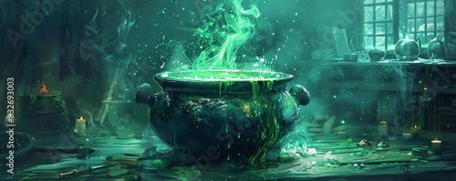 Generate a visual of a witch s cauldron bubbling with green potion