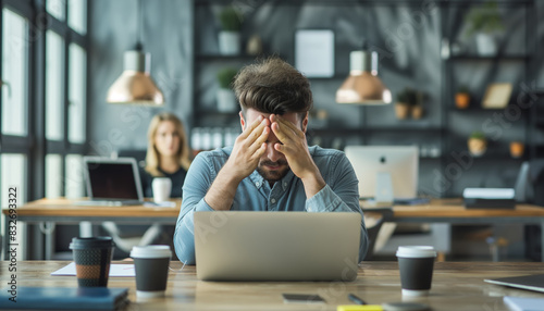 Frustrated man at desk hiding face in hands