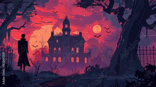 Illustrate a spooky mansion decorated for a Halloween gala