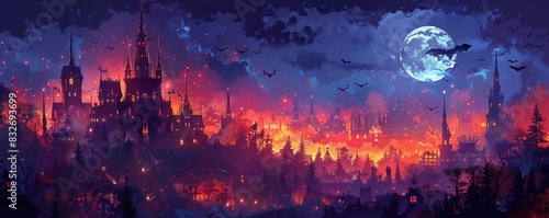 Illustrate a vampires castle lit up for a Halloween night event