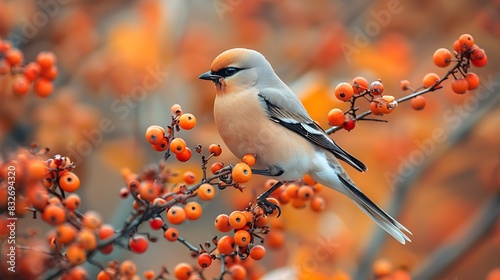  A close-up of a waxwing perched on a berry-laden branch with a blurred background of autumn foliage