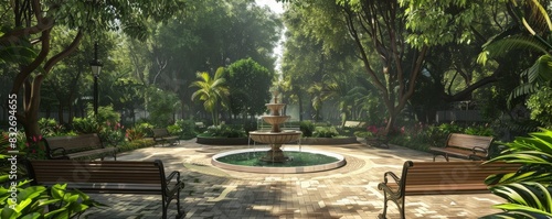 Serene park with fountain and benches