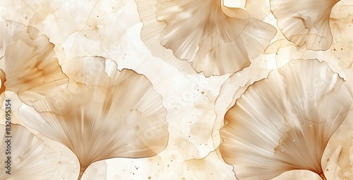 Abstract luxury art background with ginkgo leaves in blue, beige and gold tones. Botanical watercolor banner for wallpaper. AI generated illustration