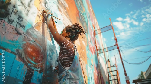 A young woman wearing a striped shirt and blue jeans paints a mural on a large wall. She is using a paintbrush and is focused on her work.