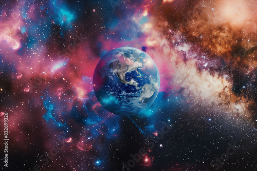 A striking image featuring Earth as viewed from outer space, surrounded by a vibrant cosmic landscape with colorful nebulae, twinkling stars, and galactic clouds