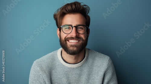 Portrait of a smiling bearded man with glasses, ideal for professional profiles, social media, and lifestyle blogs