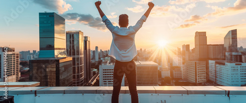 Man with arms raised facing city sunset