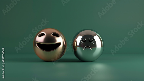 A photorealistic 3D of a bronze laughing emoji next to a chrome sad emoji, both on a solid forest green background, highlighting contrast in emotions.