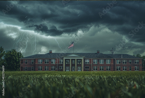 welcome back reunion banner fluttering over a two-storey american high school with grass out front and a storm brewing 