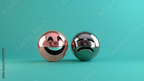A photorealistic 3D of a rose gold laughing emoji next to a gunmetal sad emoji, both on a solid teal background, highlighting contrast in emotions.