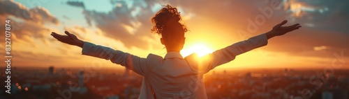 Woman with arms outstretched embracing the sunset with a cityscape background, symbolizing freedom and inspiration.