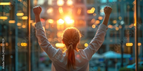 A businesswoman celebrating her success with raised arms in a modern city office during sunset, symbolizing achievement and victory.